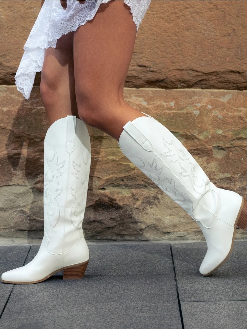 White Western Knee-High Boots